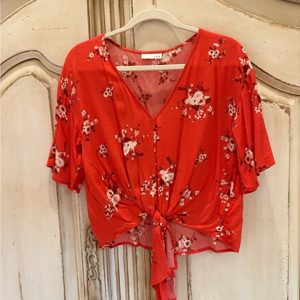 LUQ Coral/Red Floral Tie-Front Blouse